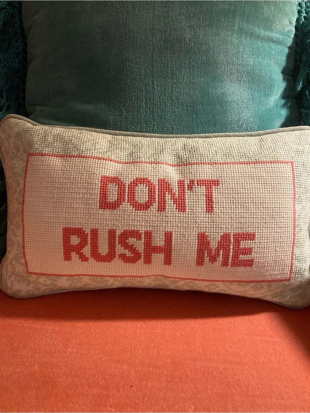 Rachel Zoe Coral Text 'DON'T RUSH ME' Lumbar Pillow on Cream
